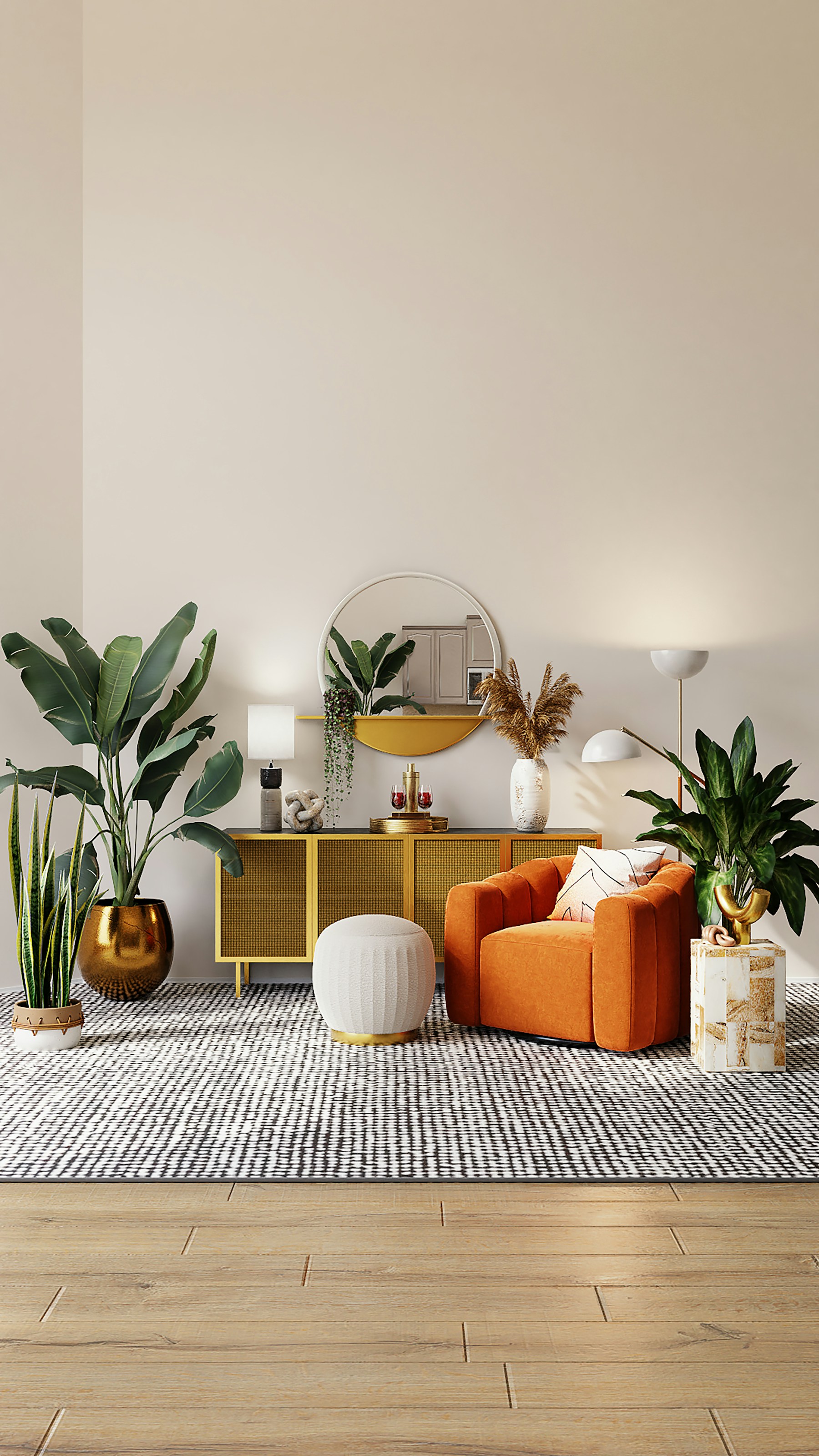 Lamp and decorative pieces arranged on a quiet shelf