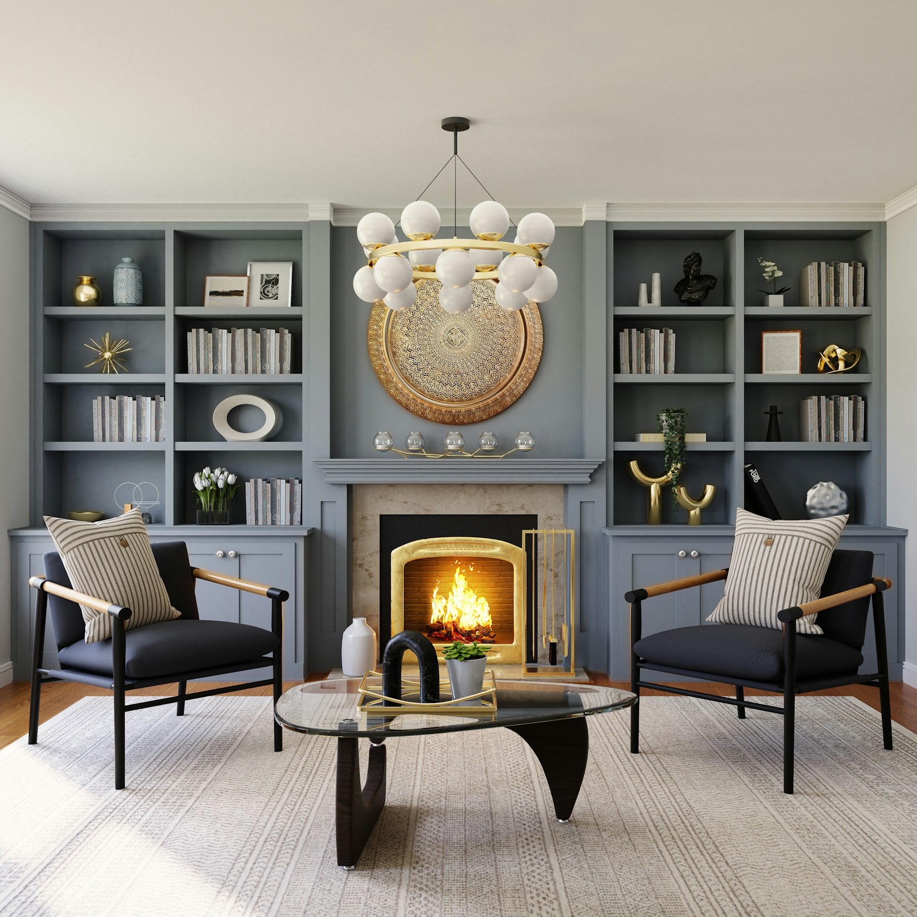 A lived-in room with shelving, seating and warm light